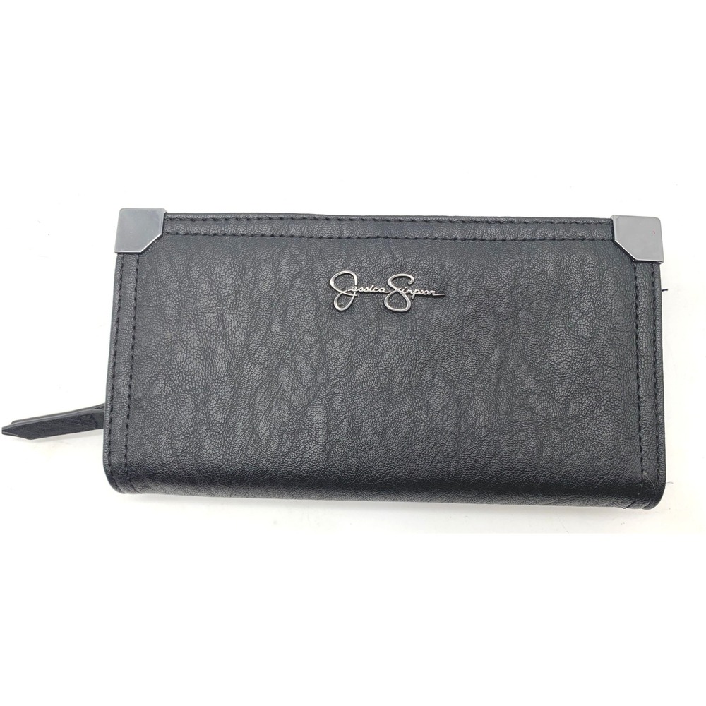 Jessica Simpson Wallet Womens OS Black Faux Leather Leopard Print Trifold Logo